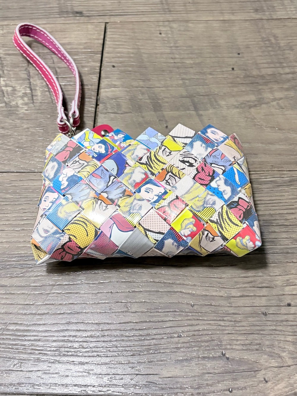 Nahui Ollin Multicolor Woven Wristlet Clutch with Pink Strap